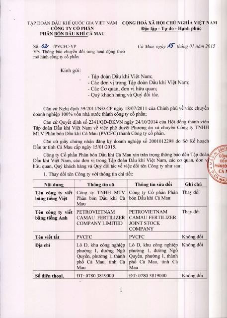 Thông báo chuyển đổi sang hoạt động mô hình công ty cổ phần